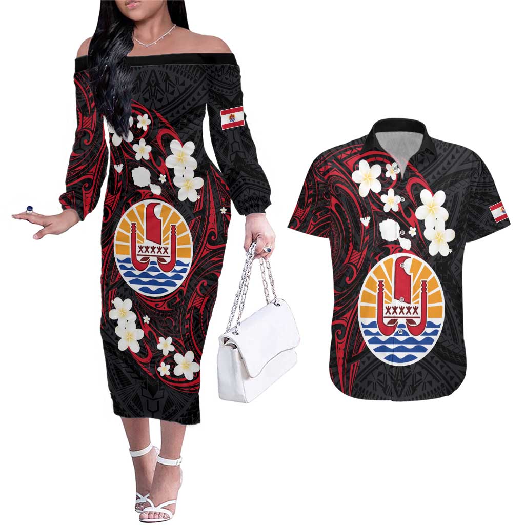 French Polynesia Tiare Day Couples Matching Off The Shoulder Long Sleeve Dress and Hawaiian Shirt Seal and Polynesian Pattern