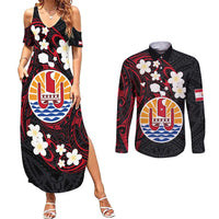 French Polynesia Tiare Day Couples Matching Summer Maxi Dress and Long Sleeve Button Shirt Seal and Polynesian Pattern LT03 Black - Polynesian Pride