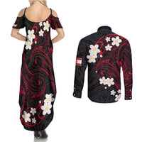 French Polynesia Tiare Day Couples Matching Summer Maxi Dress and Long Sleeve Button Shirt Seal and Polynesian Pattern LT03 - Polynesian Pride