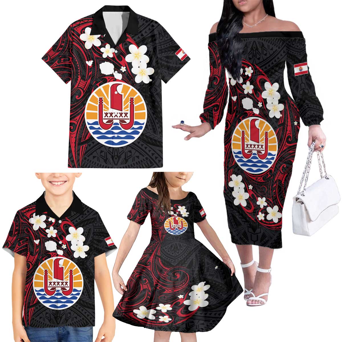 French Polynesia Tiare Day Family Matching Off The Shoulder Long Sleeve Dress and Hawaiian Shirt Seal and Polynesian Pattern