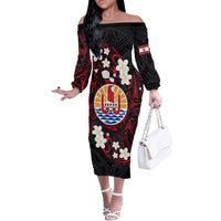 French Polynesia Tiare Day Off The Shoulder Long Sleeve Dress Seal and Polynesian Pattern LT03 Women Black - Polynesian Pride