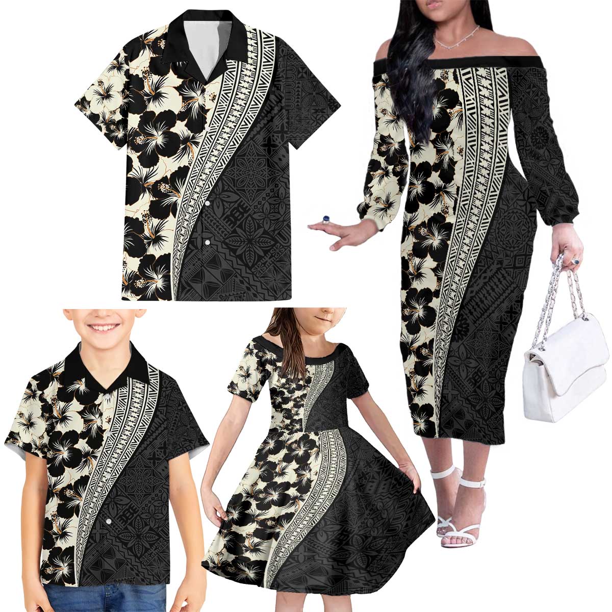Bula Hibiscus Festival Family Matching Off The Shoulder Long Sleeve Dress and Hawaiian Shirt Tapa Pattern Half Style