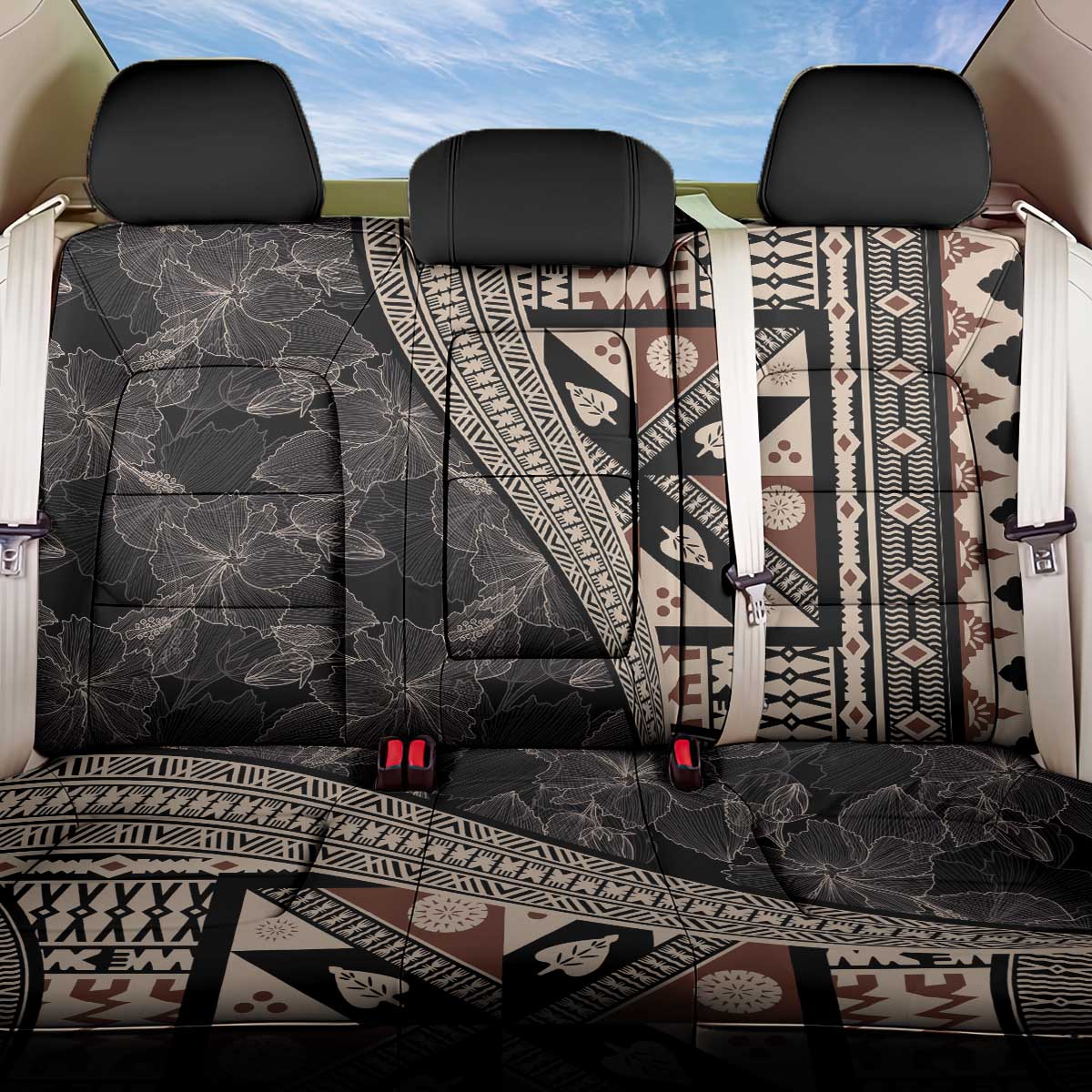 Bula Hibiscus Festival Back Car Seat Cover Fijian Masi Pattern Half Style LT03 One Size Beige - Polynesian Pride