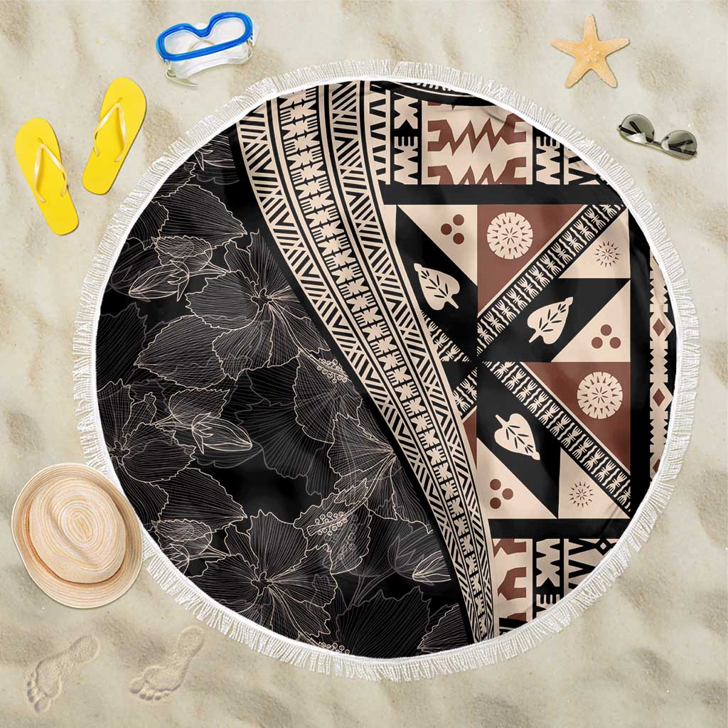 Bula Hibiscus Festival Beach Blanket Fijian Masi Pattern Half Style LT03 One Size 150cm Beige - Polynesian Pride