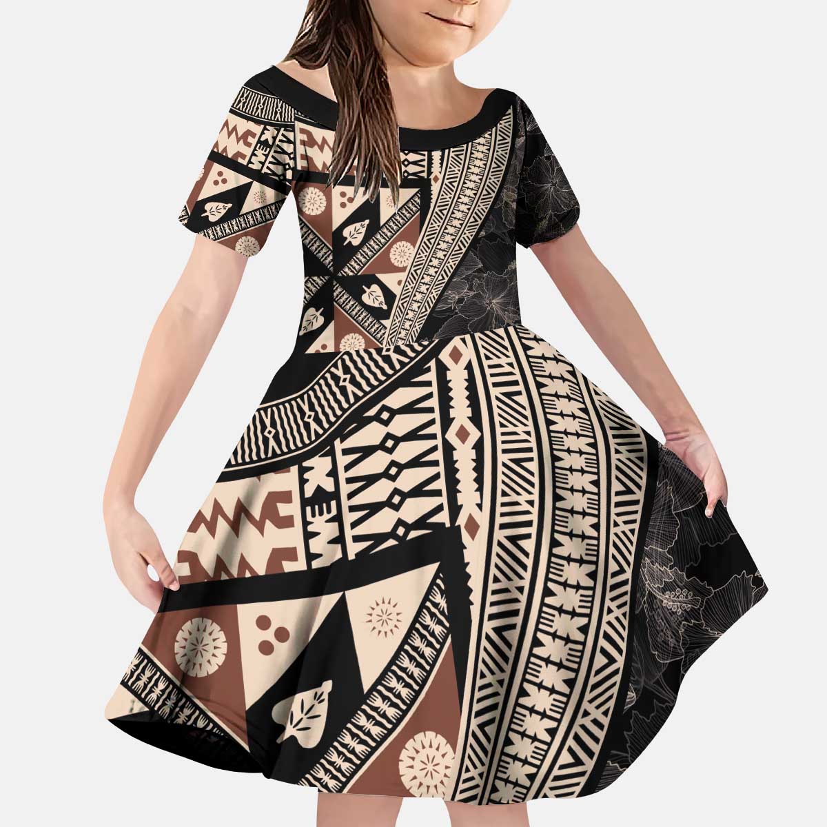Bula Hibiscus Festival Kid Short Sleeve Dress Fijian Masi Pattern Half Style LT03 KID Beige - Polynesian Pride