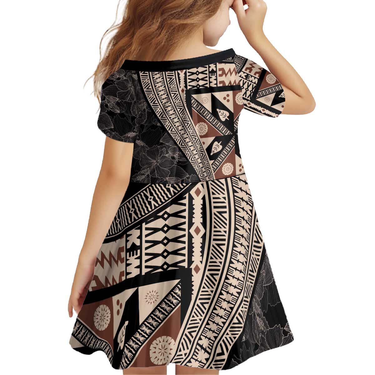 Bula Hibiscus Festival Kid Short Sleeve Dress Fijian Masi Pattern Half Style LT03 - Polynesian Pride