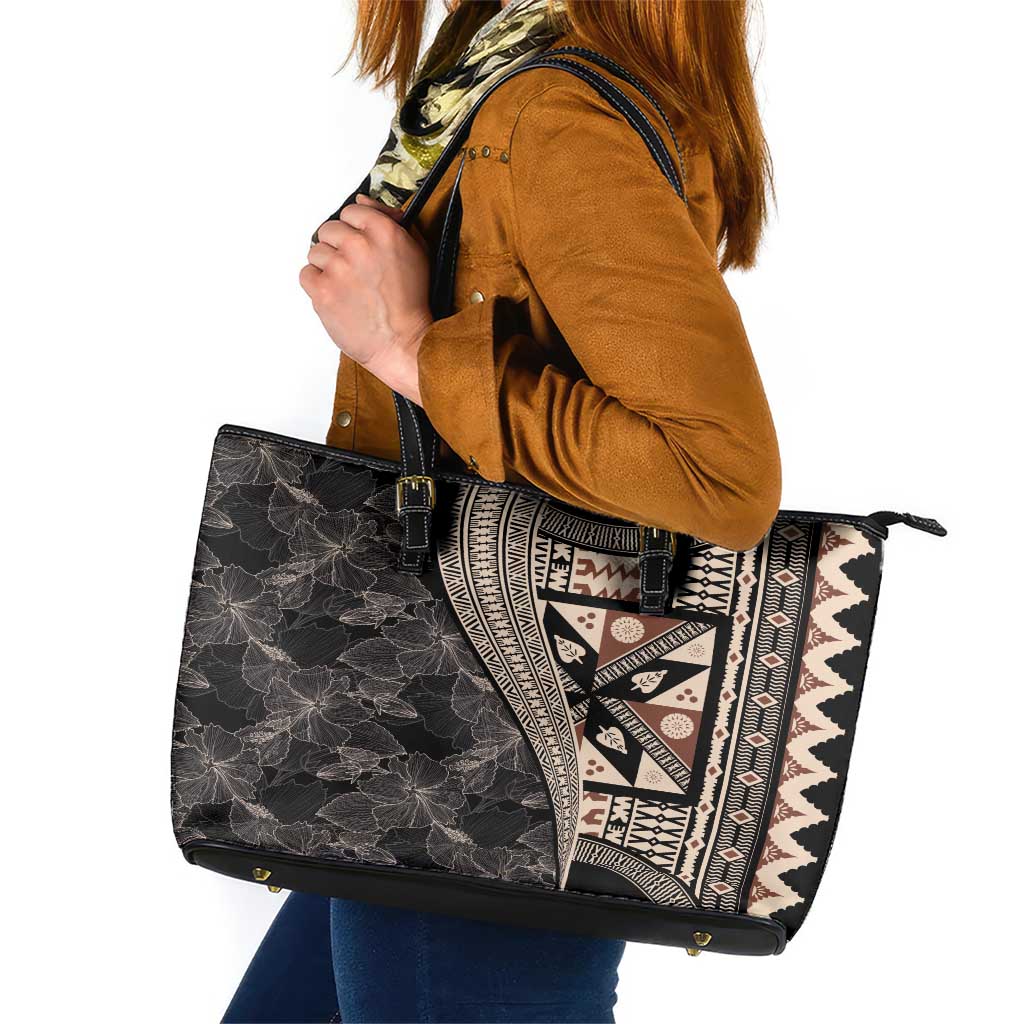 Bula Hibiscus Festival Leather Tote Bag Fijian Masi Pattern Half Style LT03 Beige - Polynesian Pride