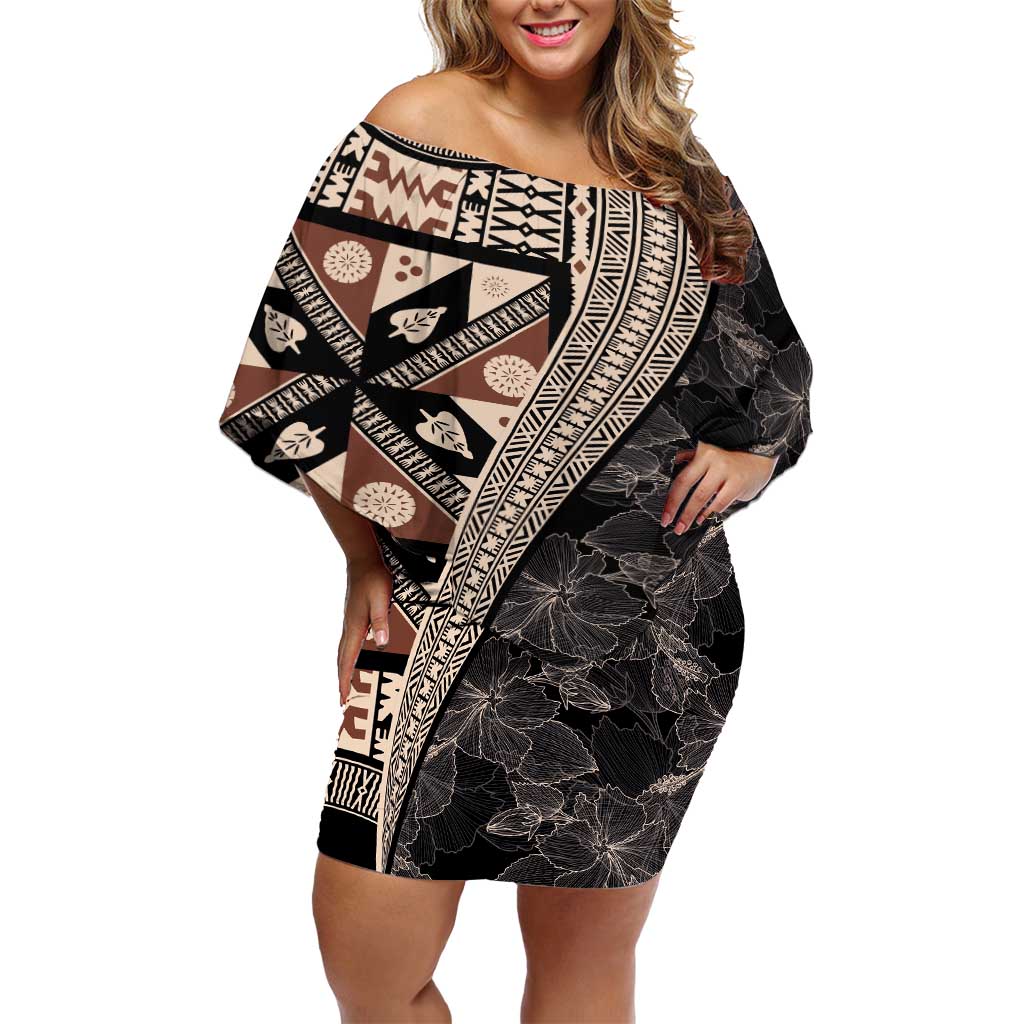 Bula Hibiscus Festival Off Shoulder Short Dress Fijian Masi Pattern Half Style LT03 Women Beige - Polynesian Pride