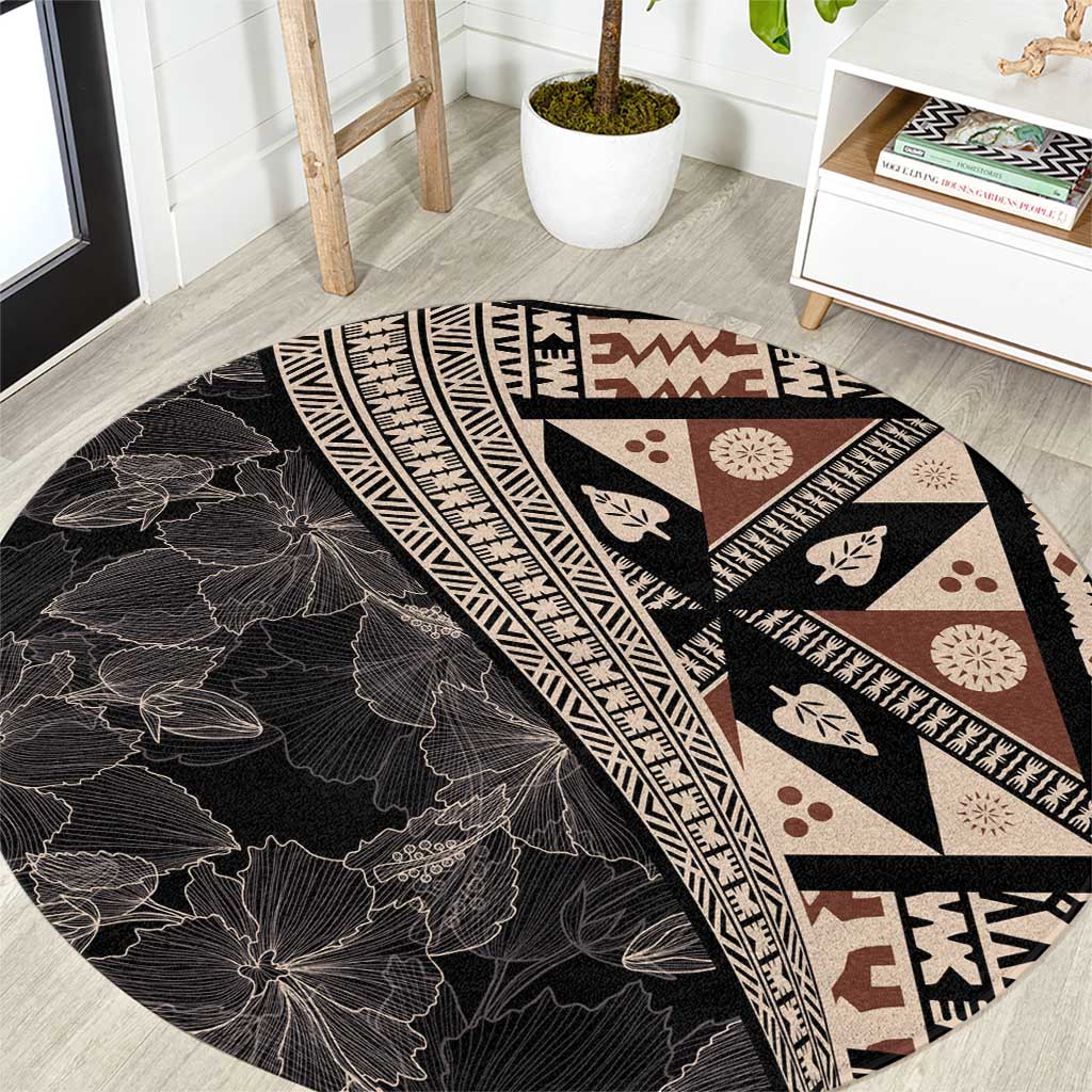 Bula Hibiscus Festival Round Carpet Fijian Masi Pattern Half Style LT03 Beige - Polynesian Pride