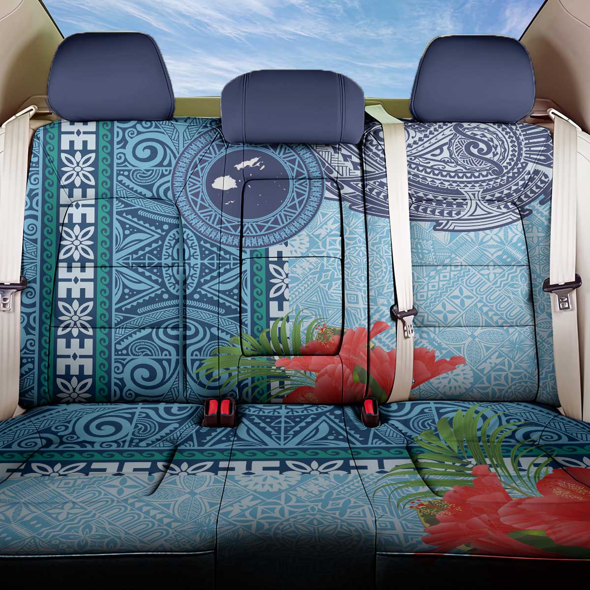 Fiji Day Back Car Seat Cover Tapa Pattern and Hibiscus Flower LT03 One Size Blue - Polynesian Pride