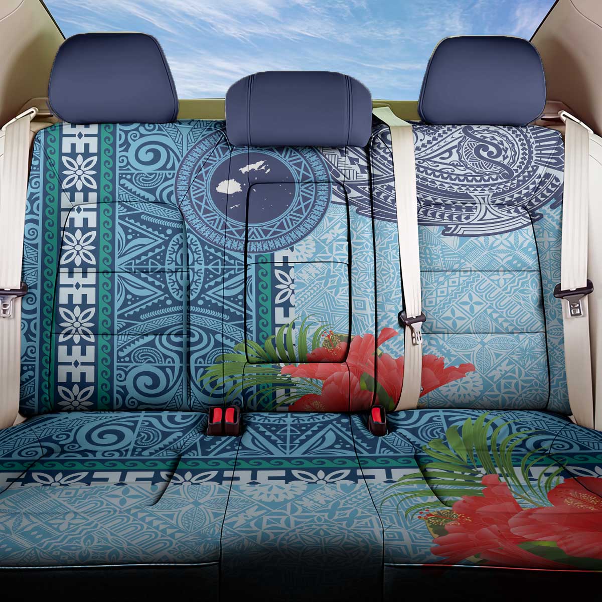 Fiji Day Back Car Seat Cover Tapa Pattern and Hibiscus Flower