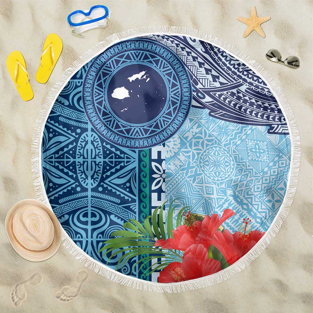 Fiji Day Beach Blanket Tapa Pattern and Hibiscus Flower LT03 One Size 150cm Blue - Polynesian Pride