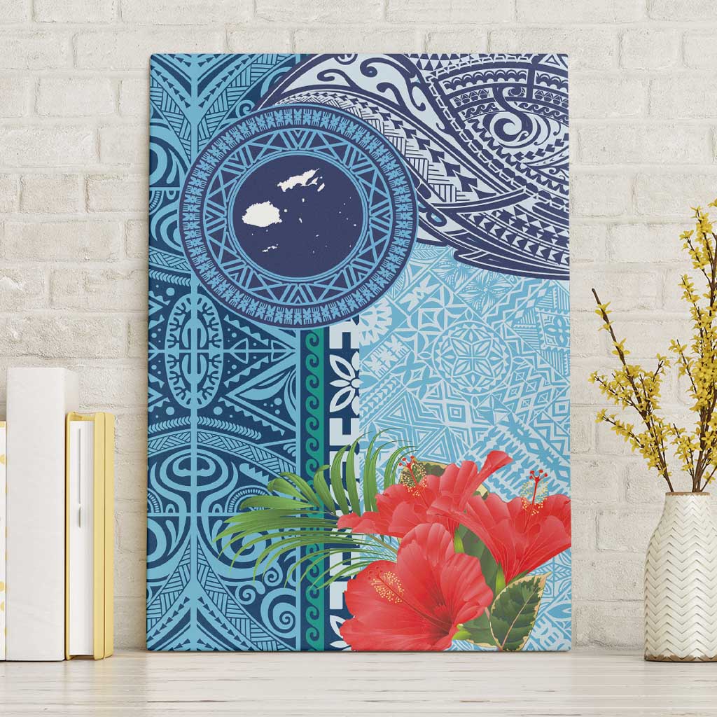 Fiji Day Canvas Wall Art Tapa Pattern and Hibiscus Flower LT03 Without Frame Blue - Polynesian Pride