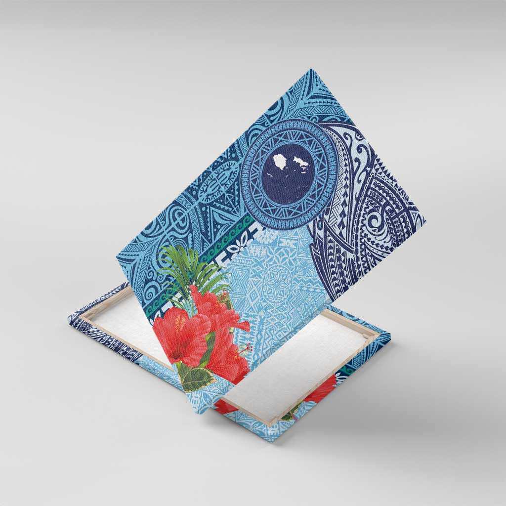 Fiji Day Canvas Wall Art Tapa Pattern and Hibiscus Flower LT03 With Frame Blue - Polynesian Pride