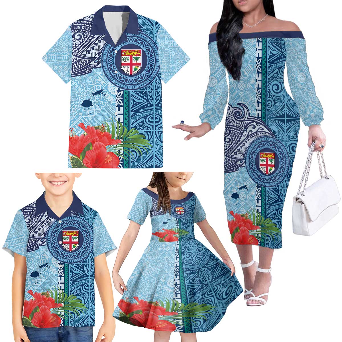 Fiji Day Family Matching Off The Shoulder Long Sleeve Dress and Hawaiian Shirt Tapa Pattern and Hibiscus Flower