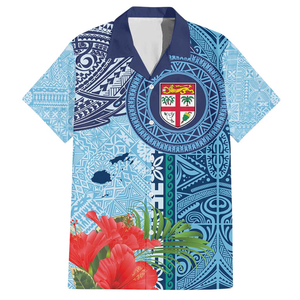 Fiji Day Hawaiian Shirt Tapa Pattern and Hibiscus Flower LT03 Blue - Polynesian Pride