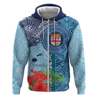Fiji Day Hoodie Tapa Pattern and Hibiscus Flower LT03 Zip Hoodie Blue - Polynesian Pride