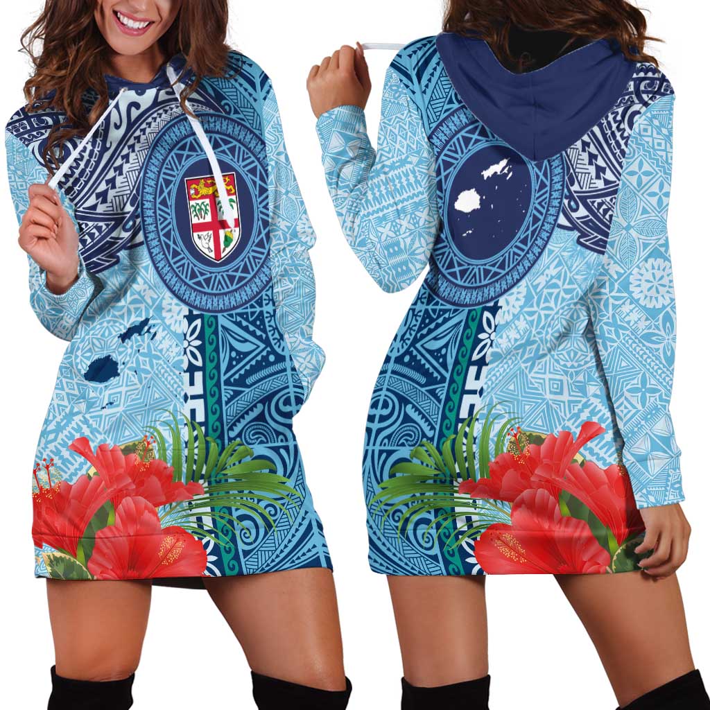 Fiji Day Hoodie Dress Tapa Pattern and Hibiscus Flower LT03 - Polynesian Pride