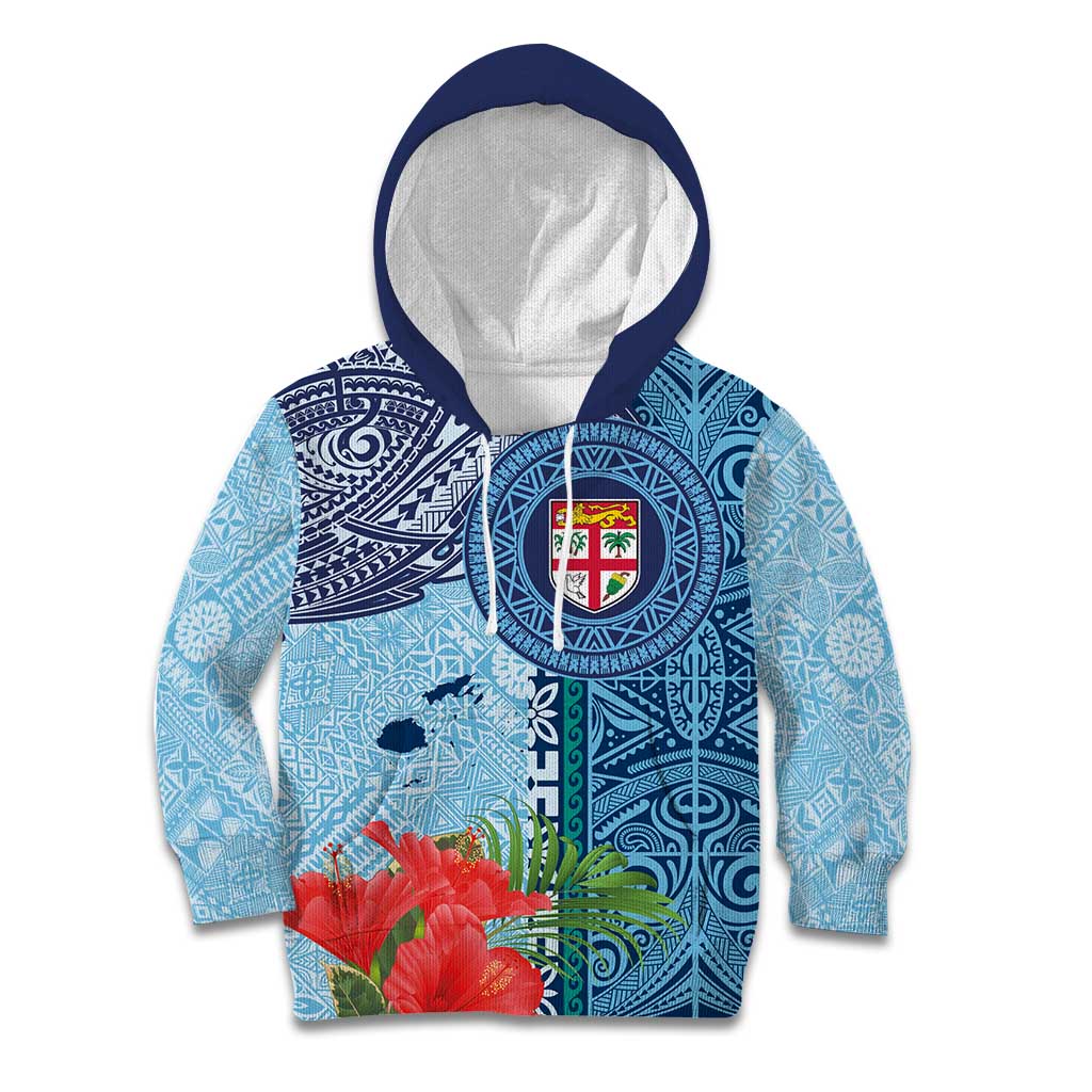 Fiji Day Kid Hoodie Tapa Pattern and Hibiscus Flower LT03 Hoodie Blue - Polynesian Pride