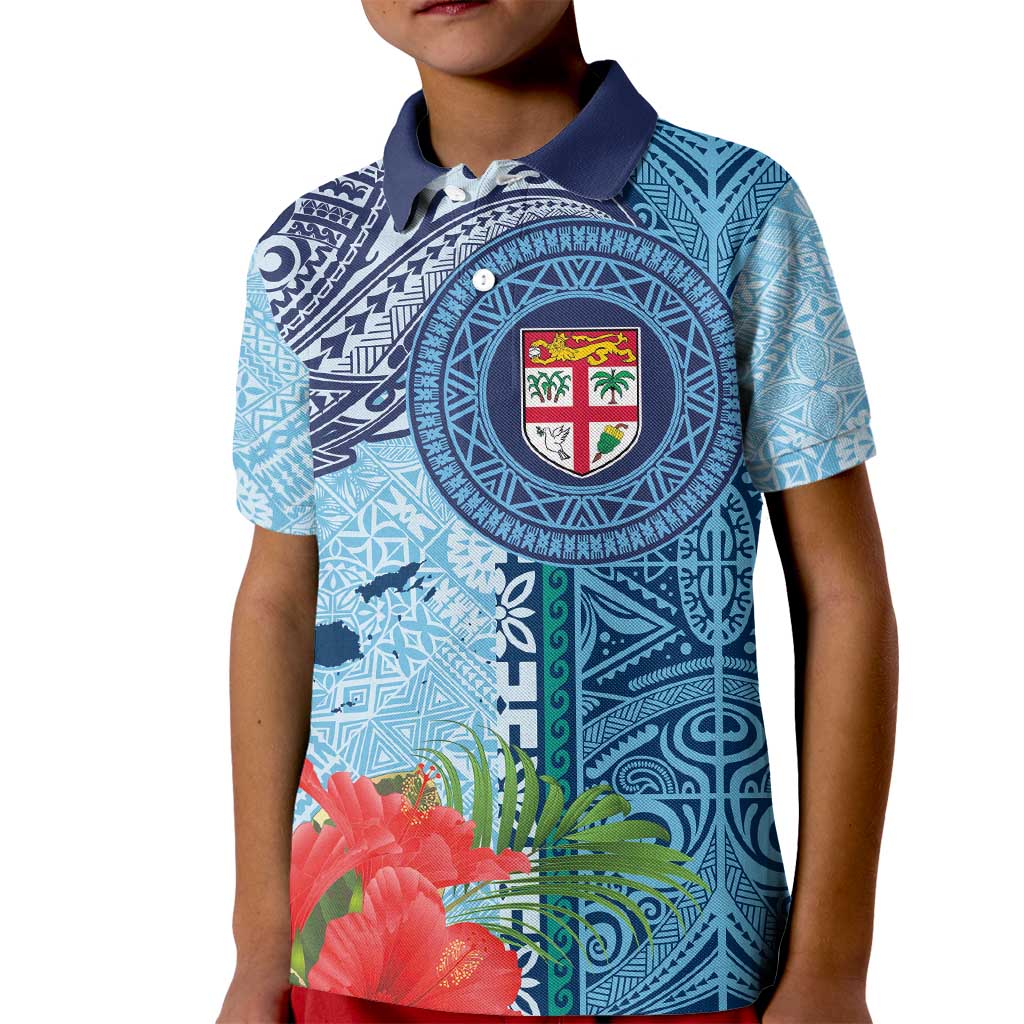 Fiji Day Kid Polo Shirt Tapa Pattern and Hibiscus Flower LT03 Kid Blue - Polynesian Pride