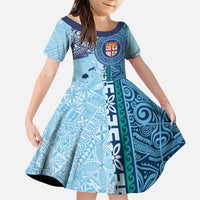 Fiji Day Kid Short Sleeve Dress Tapa Pattern and Hibiscus Flower LT03 KID Blue - Polynesian Pride