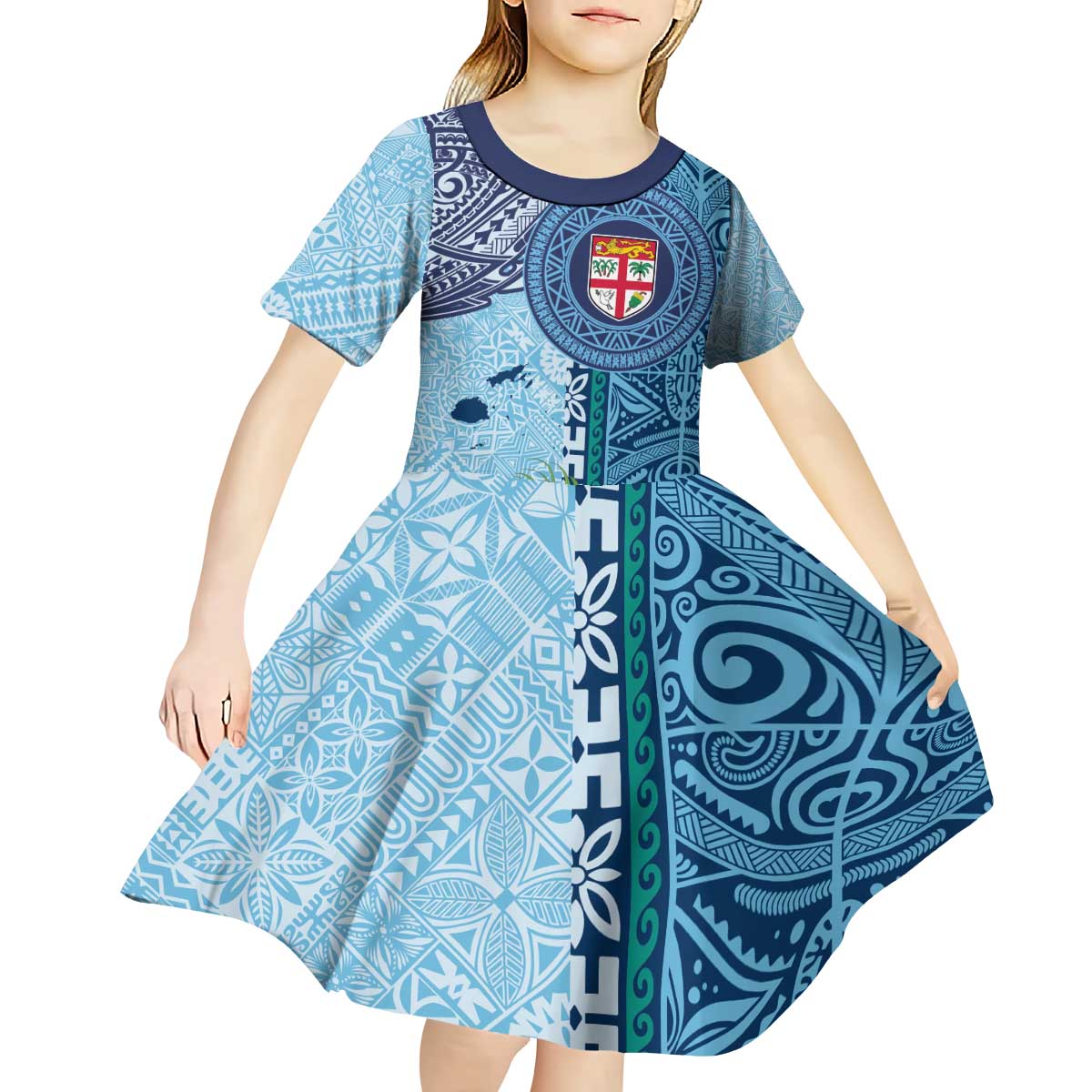 Fiji Day Kid Short Sleeve Dress Tapa Pattern and Hibiscus Flower LT03 - Polynesian Pride