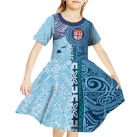 Fiji Day Kid Short Sleeve Dress Tapa Pattern and Hibiscus Flower LT03 - Polynesian Pride