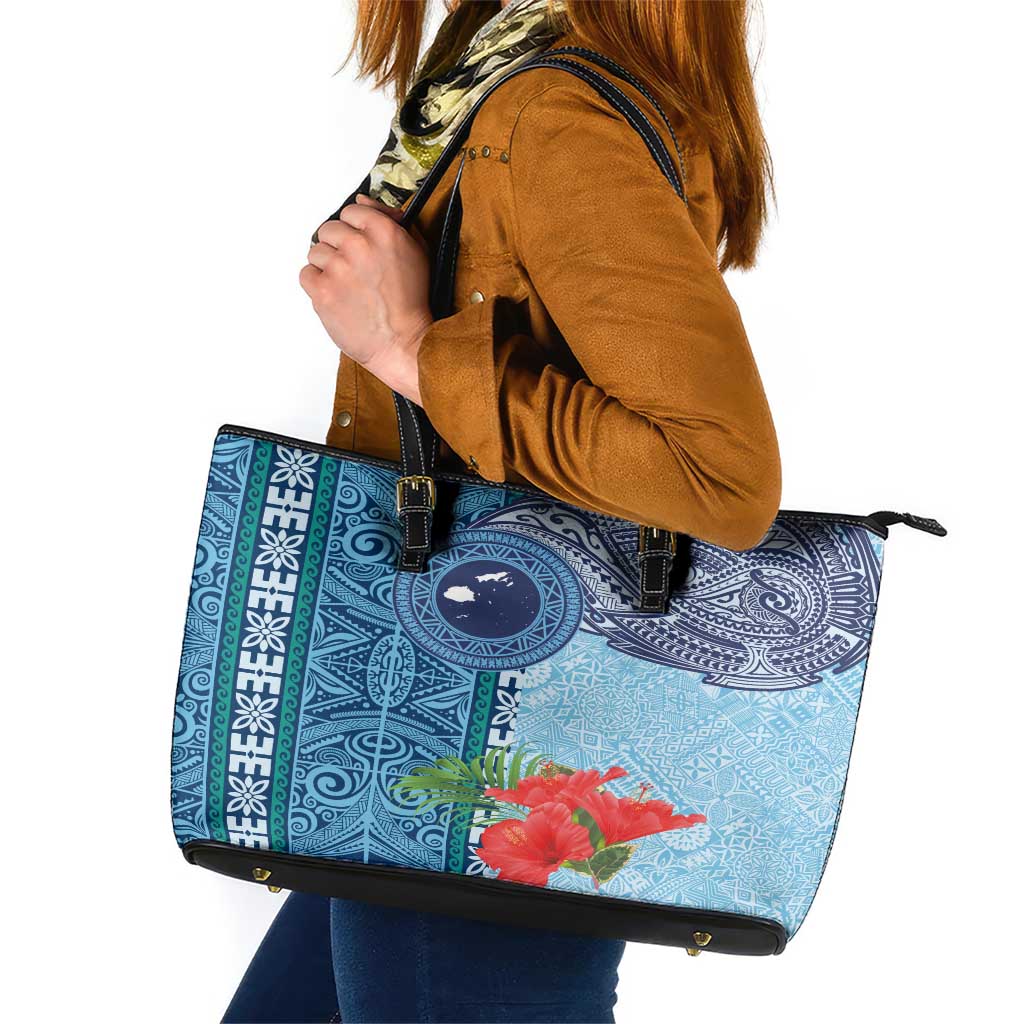 Fiji Day Leather Tote Bag Tapa Pattern and Hibiscus Flower LT03 Blue - Polynesian Pride
