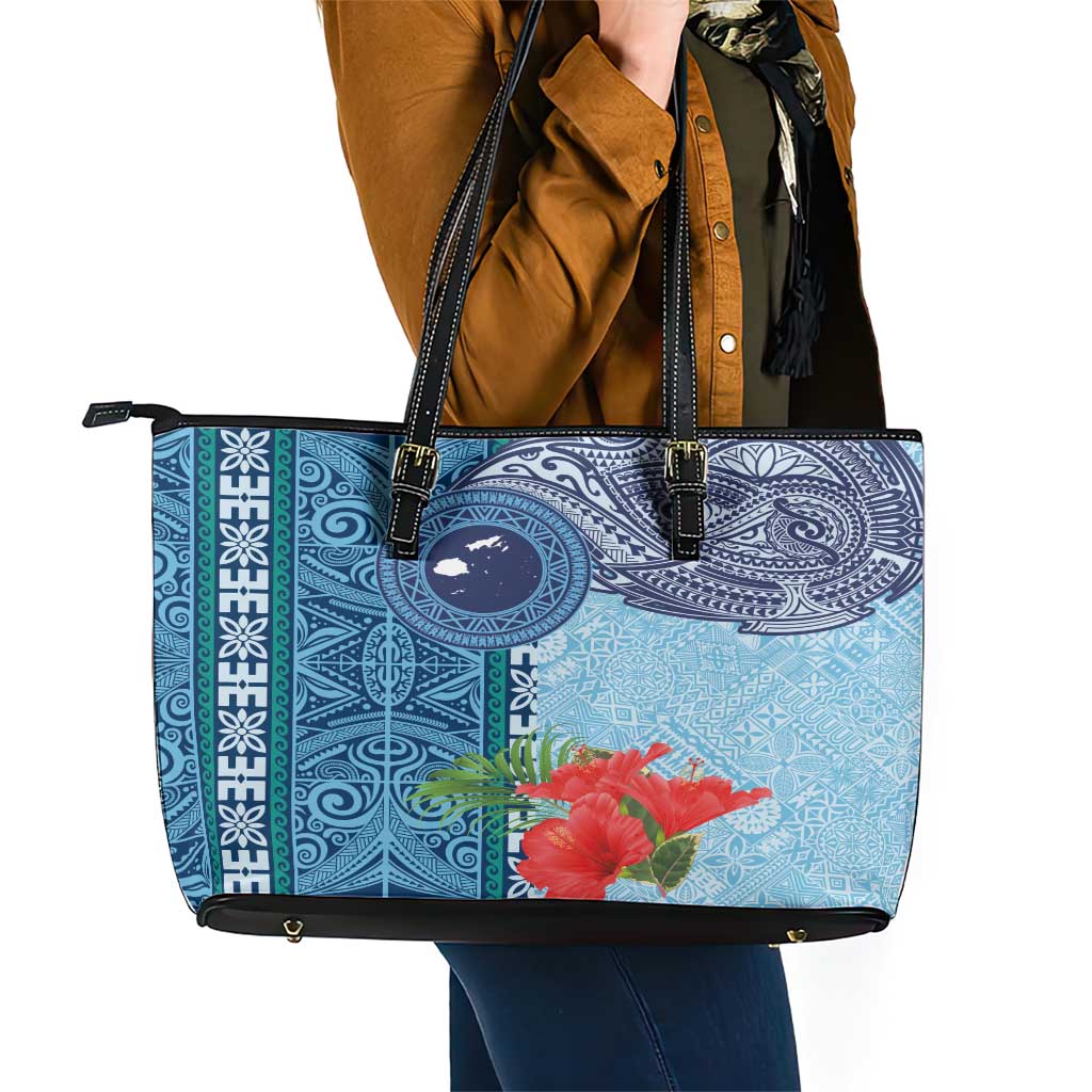 Fiji Day Leather Tote Bag Tapa Pattern and Hibiscus Flower LT03 - Polynesian Pride