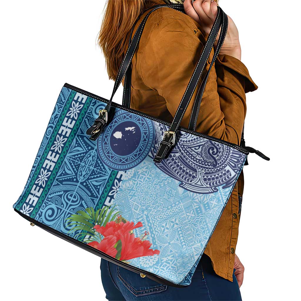 Fiji Day Leather Tote Bag Tapa Pattern and Hibiscus Flower LT03 - Polynesian Pride