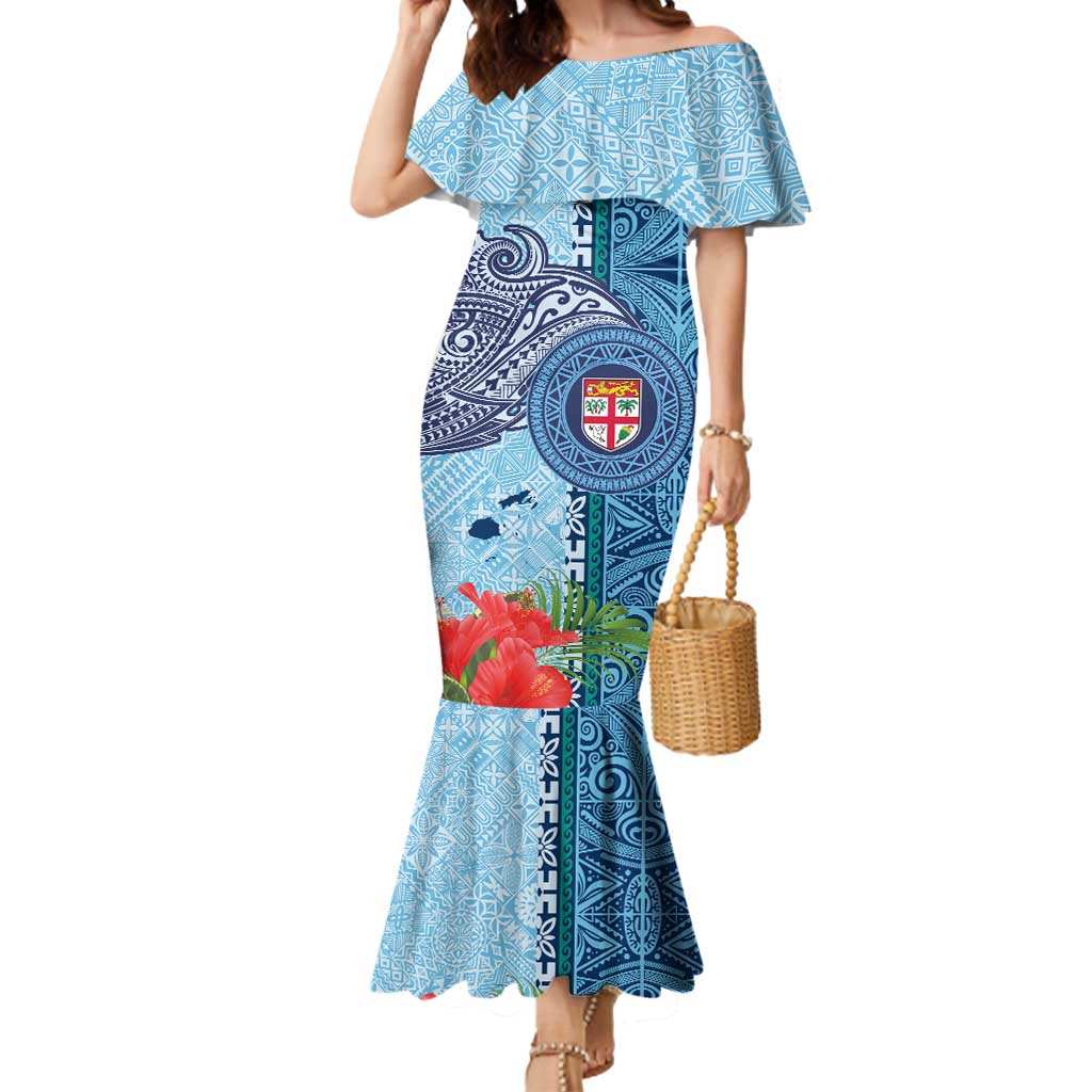 Fiji Day Mermaid Dress Tapa Pattern and Hibiscus Flower LT03 Women Blue - Polynesian Pride