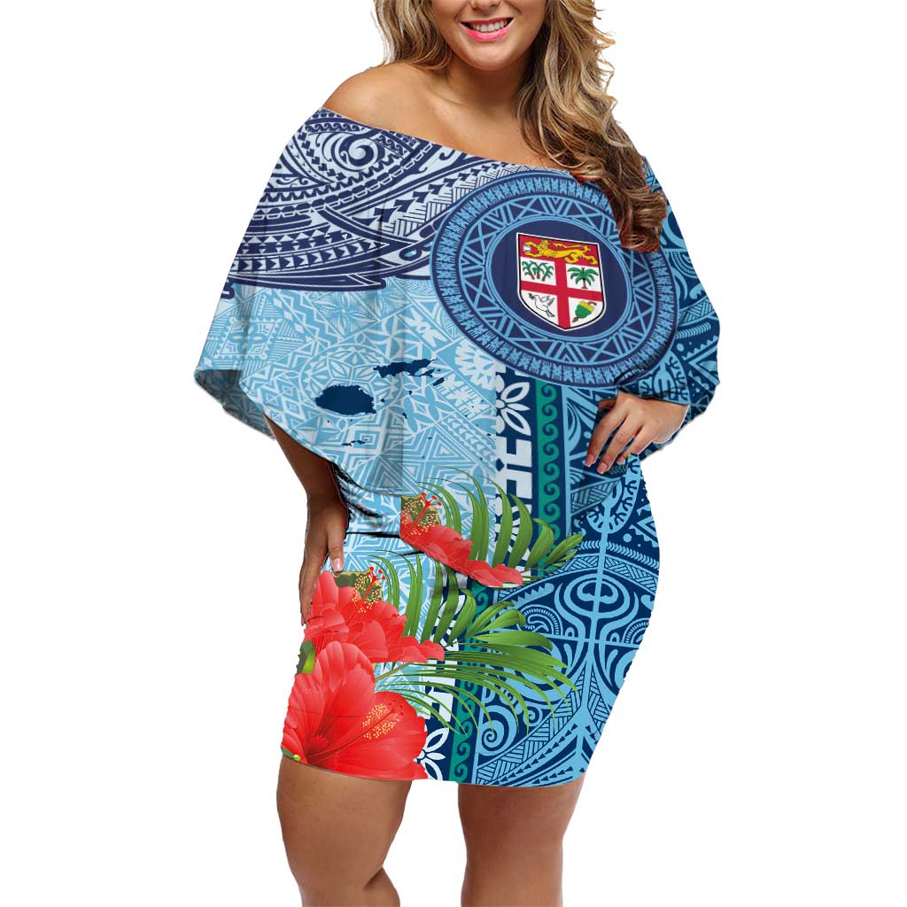 Fiji Day Off Shoulder Short Dress Tapa Pattern and Hibiscus Flower LT03 Women Blue - Polynesian Pride