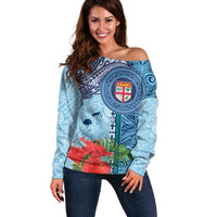 Fiji Day Off Shoulder Sweater Tapa Pattern and Hibiscus Flower LT03 Women Blue - Polynesian Pride