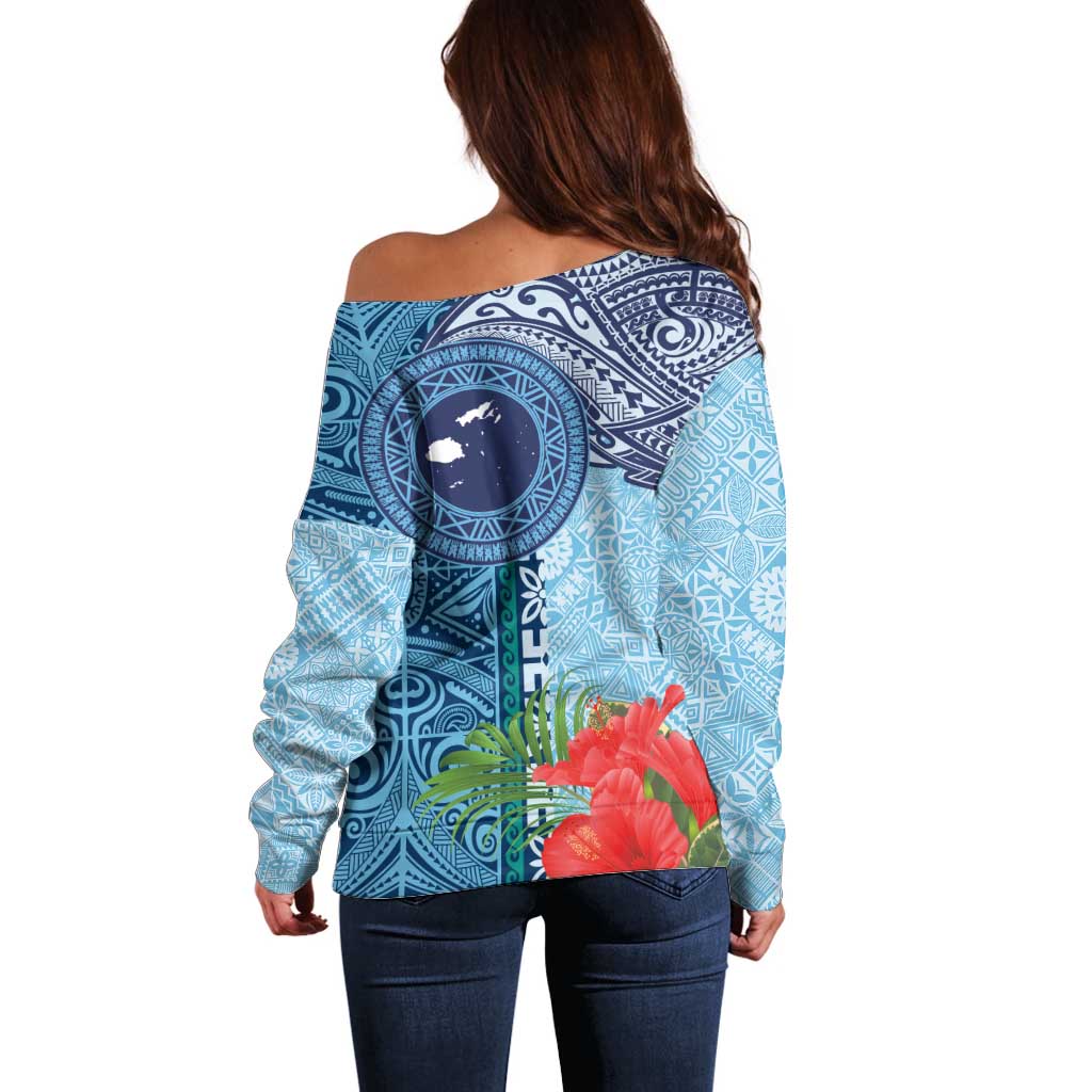 Fiji Day Off Shoulder Sweater Tapa Pattern and Hibiscus Flower LT03 - Polynesian Pride