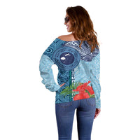 Fiji Day Off Shoulder Sweater Tapa Pattern and Hibiscus Flower LT03 - Polynesian Pride