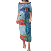 Fiji Day Puletasi Tapa Pattern and Hibiscus Flower LT03 Long Dress Blue - Polynesian Pride