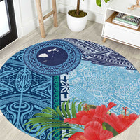 Fiji Day Round Carpet Tapa Pattern and Hibiscus Flower LT03 Blue - Polynesian Pride