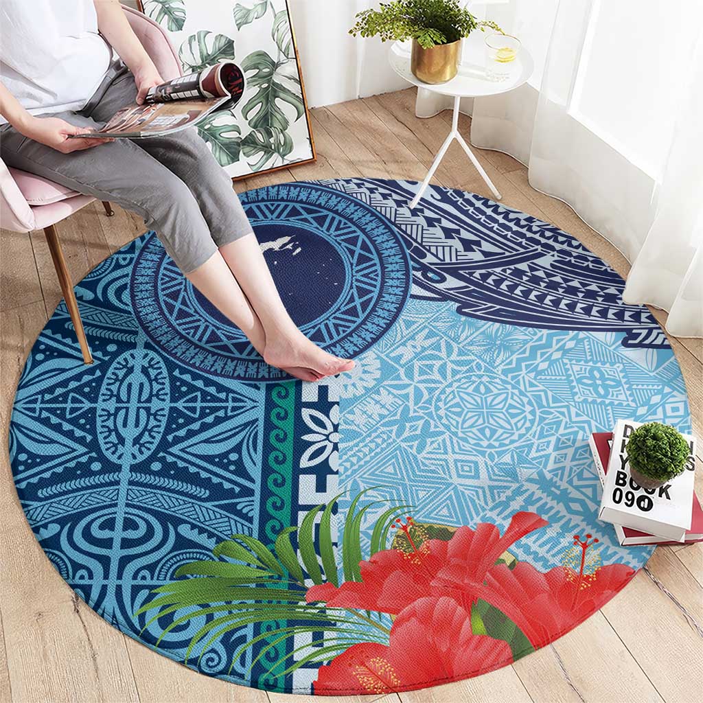 Fiji Day Round Carpet Tapa Pattern and Hibiscus Flower LT03 - Polynesian Pride