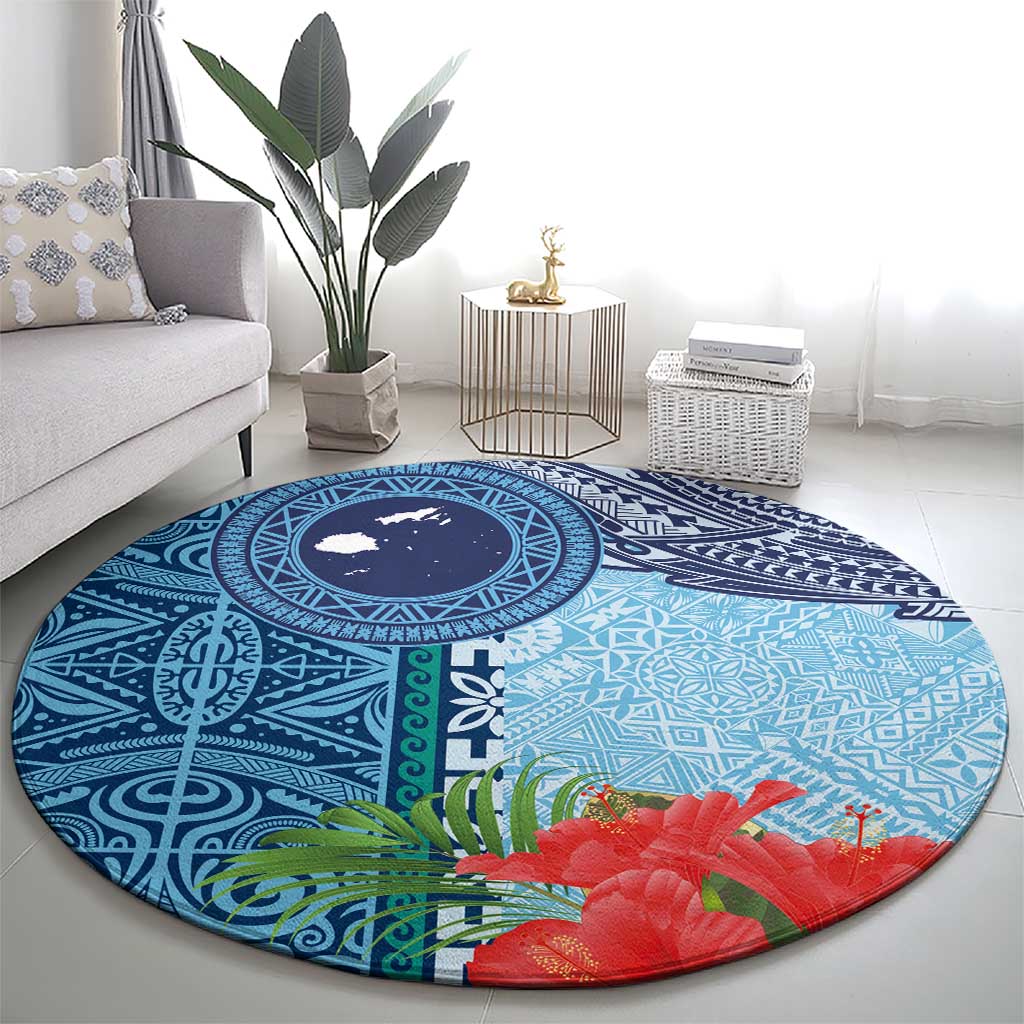 Fiji Day Round Carpet Tapa Pattern and Hibiscus Flower LT03 - Polynesian Pride