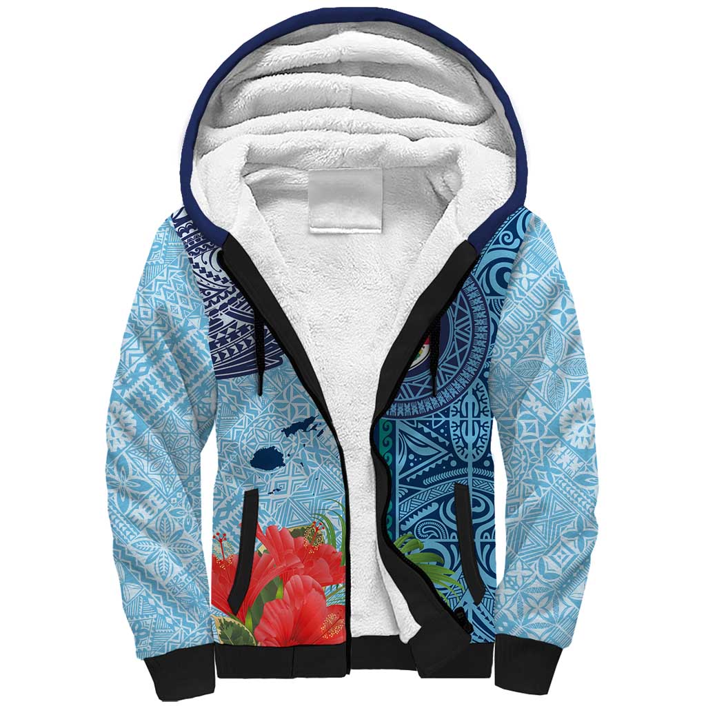 Fiji Day Sherpa Hoodie Tapa Pattern and Hibiscus Flower LT03 Unisex Blue - Polynesian Pride