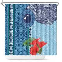Fiji Day Shower Curtain Tapa Pattern and Hibiscus Flower LT03 Blue - Polynesian Pride