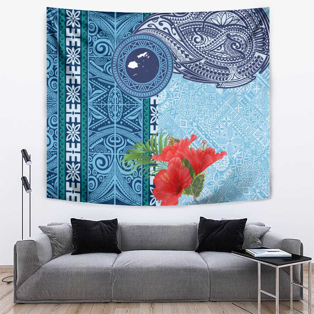 Fiji Day Tapestry Tapa Pattern and Hibiscus Flower LT03 Blue - Polynesian Pride