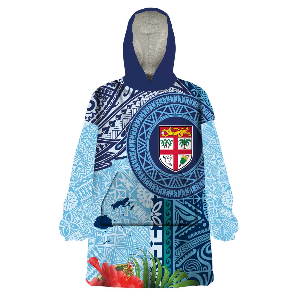 Fiji Day Wearable Blanket Hoodie Tapa Pattern and Hibiscus Flower LT03 One Size Blue - Polynesian Pride