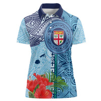 Fiji Day Women Polo Shirt Tapa Pattern and Hibiscus Flower LT03 Female Blue - Polynesian Pride