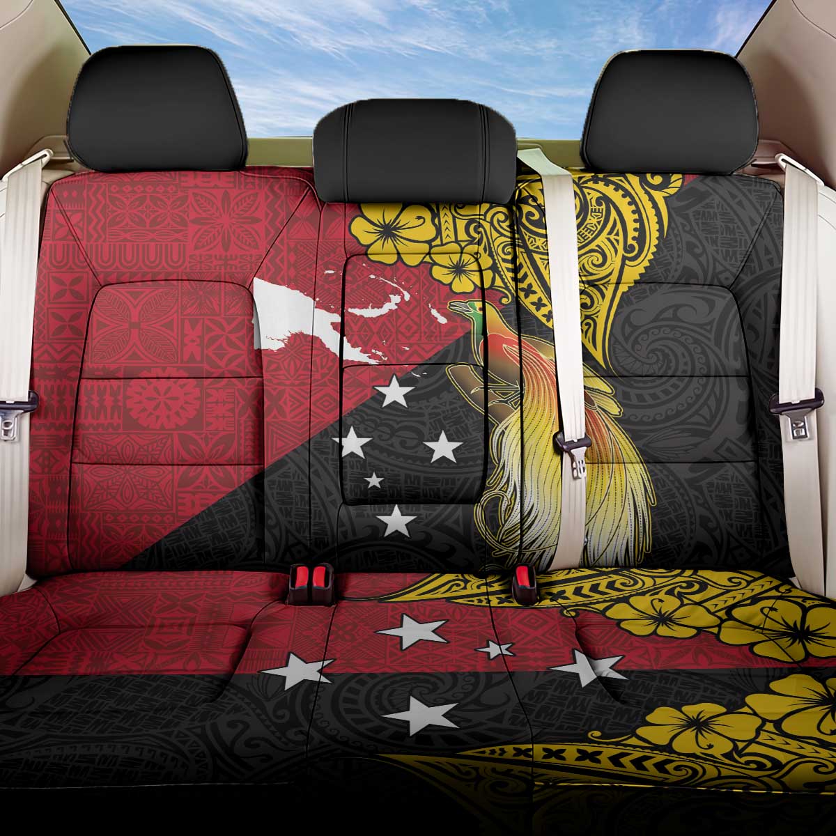 Papua New Guinea Independence Day Back Car Seat Cover Bird-of-Paradise with Map and Polynesian Pattern LT03 One Size Black - Polynesian Pride