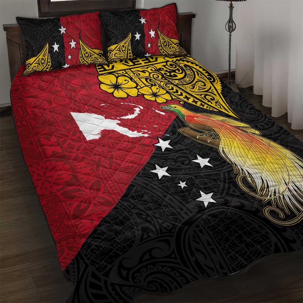 Papua New Guinea Independence Day Quilt Bed Set Bird-of-Paradise with Map and Polynesian Pattern LT03 Black - Polynesian Pride