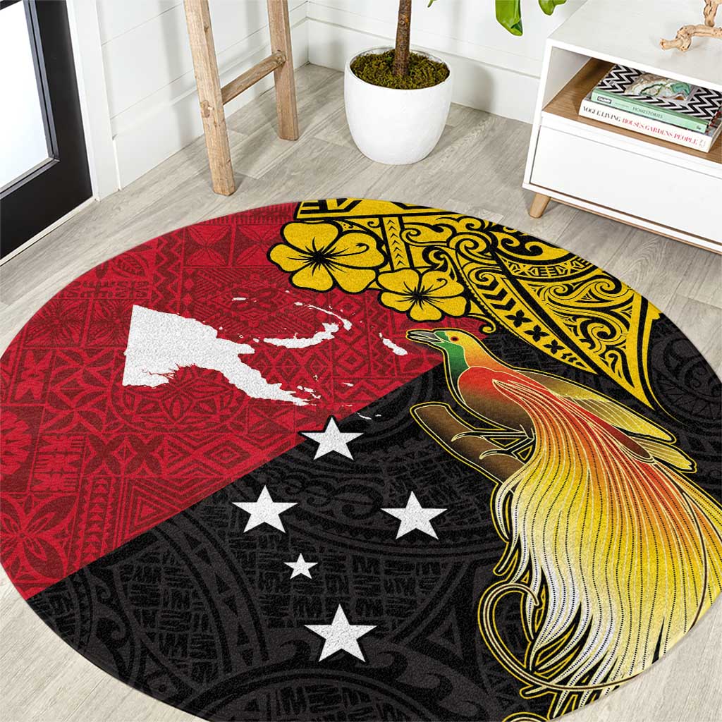 Papua New Guinea Independence Day Round Carpet Bird-of-Paradise with Map and Polynesian Pattern LT03 Black - Polynesian Pride