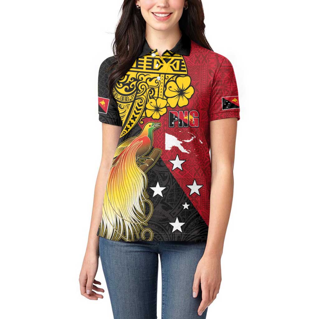 Papua New Guinea Independence Day Women Polo Shirt Bird-of-Paradise with Map and Polynesian Pattern LT03 - Polynesian Pride
