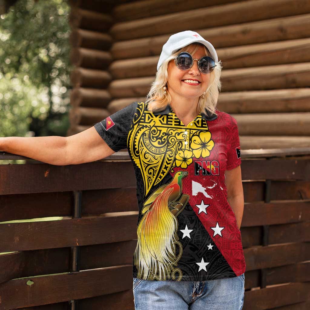 Papua New Guinea Independence Day Women Polo Shirt Bird-of-Paradise with Map and Polynesian Pattern LT03 - Polynesian Pride
