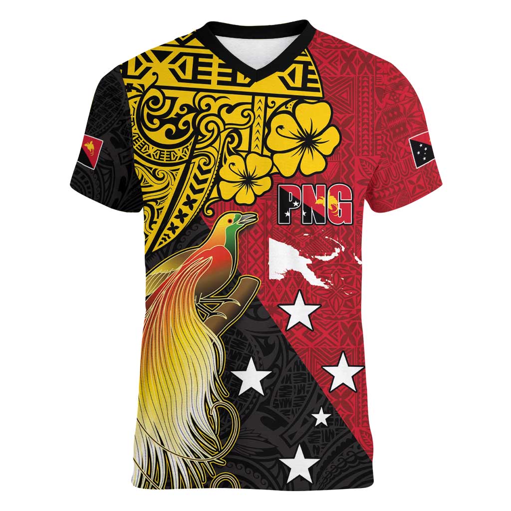 Papua New Guinea Independence Day Women V-Neck T-Shirt Bird-of-Paradise with Map and Polynesian Pattern